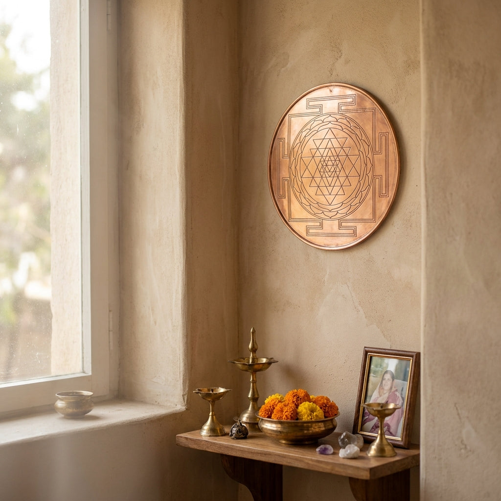 Copper Shree Yantra wall plate above altar