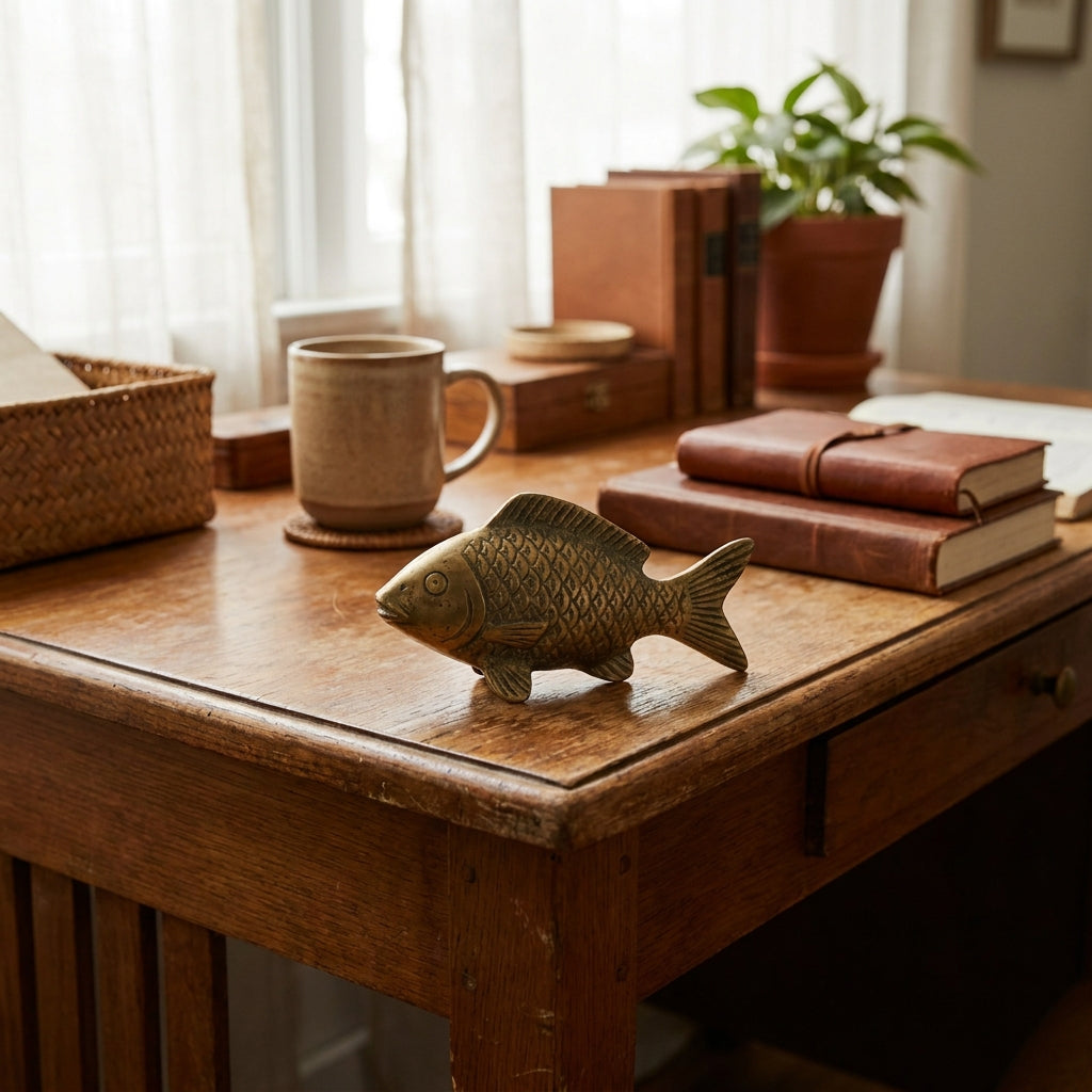 Brass fish ornament on office desk