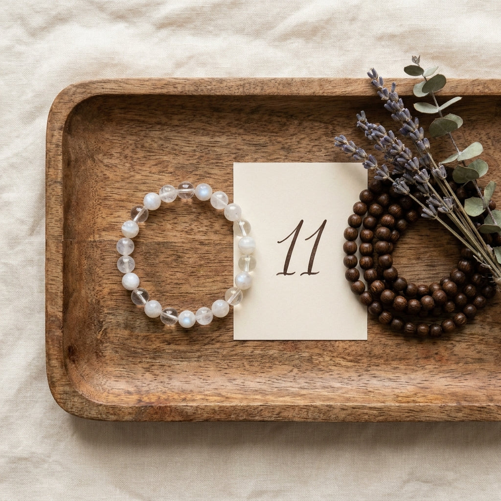 Master Number 11 Numerology Bracelet - styled flat lay