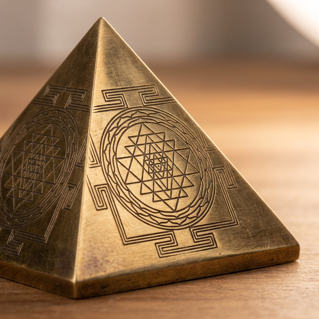 Energized brass Shree Yantra pyramid, detail texture
