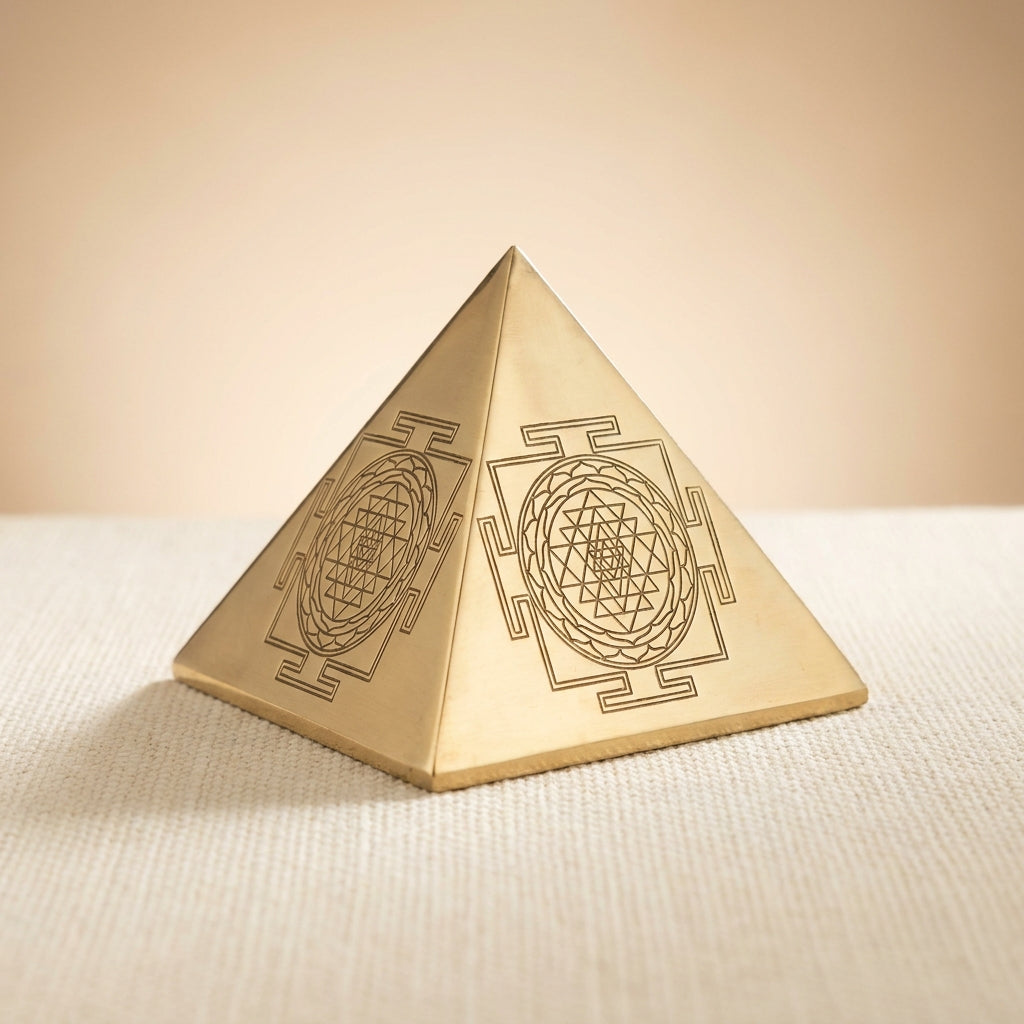 Energized brass Shree Yantra pyramid, hero front view