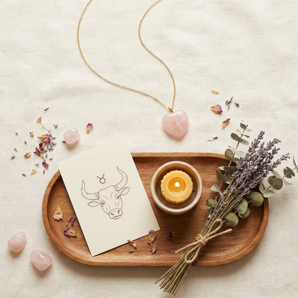 Taurus Venus Zodiac Pendant styled flat-lay with astrology props