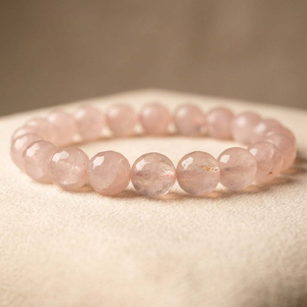 Taurus & Libra Venus Zodiac Bracelet - macro detail of rose quartz beads
