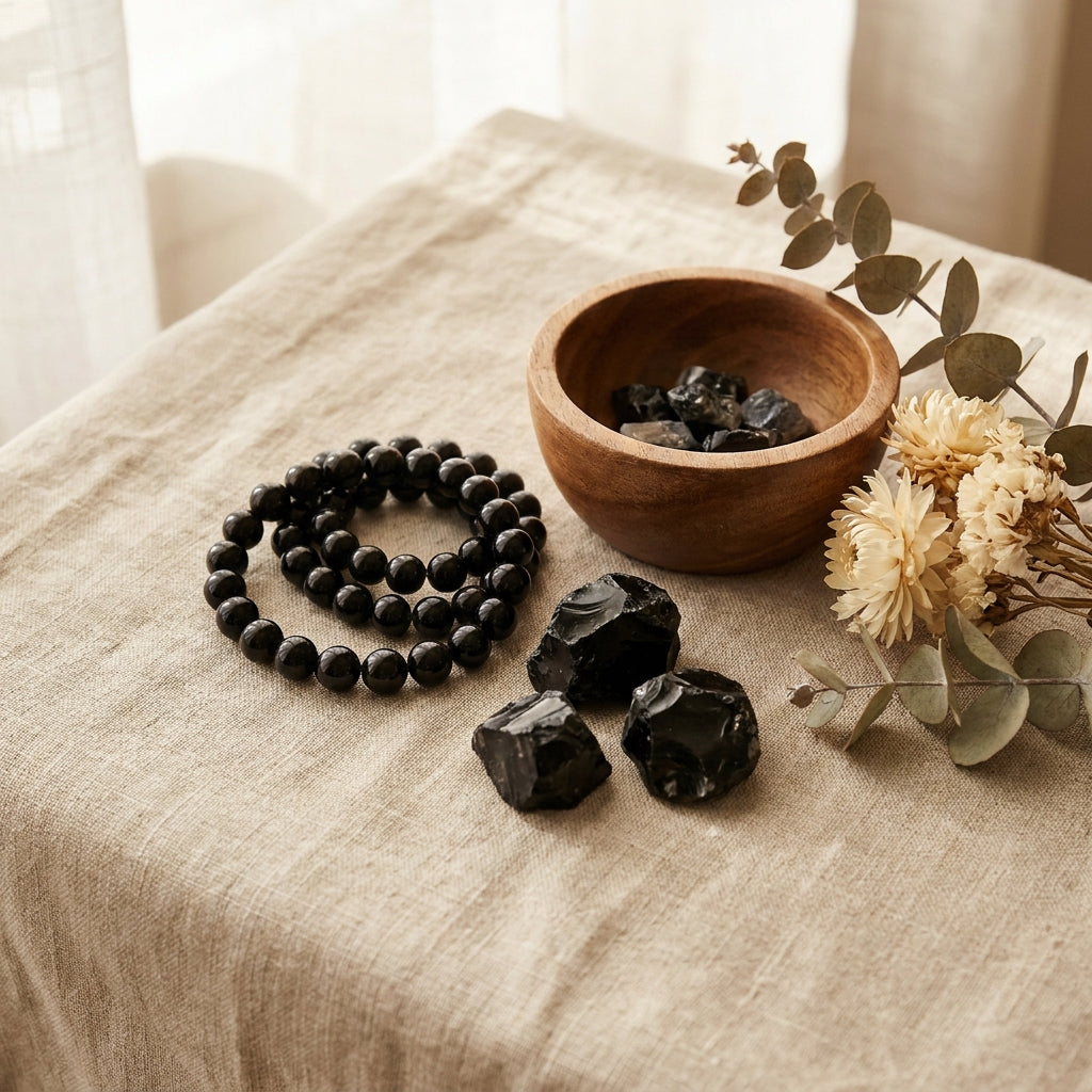 Obsidian Grounding Bracelet - styled flat lay
