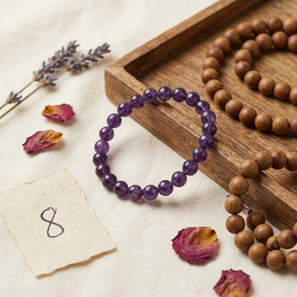Number 8 Saturn Numerology Bracelet Amethyst - styled flat lay