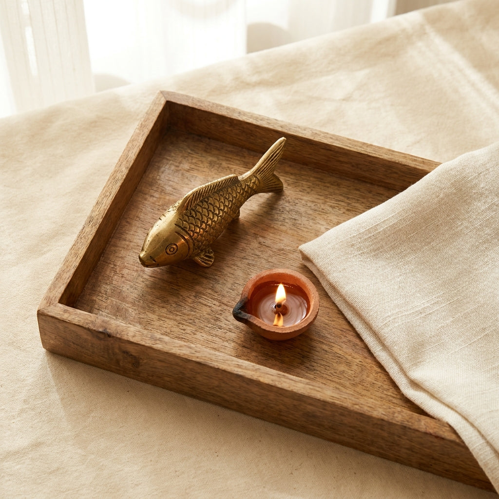 Brass fish ornament styled flat-lay