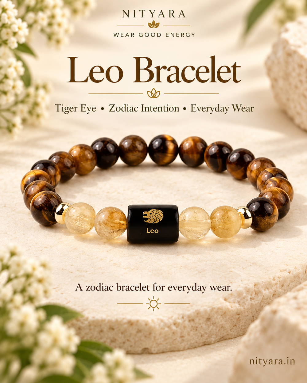 Leo (सिंह राशि) Tiger Eye & Citrine Zodiac Bracelet — Leo bracelet detail