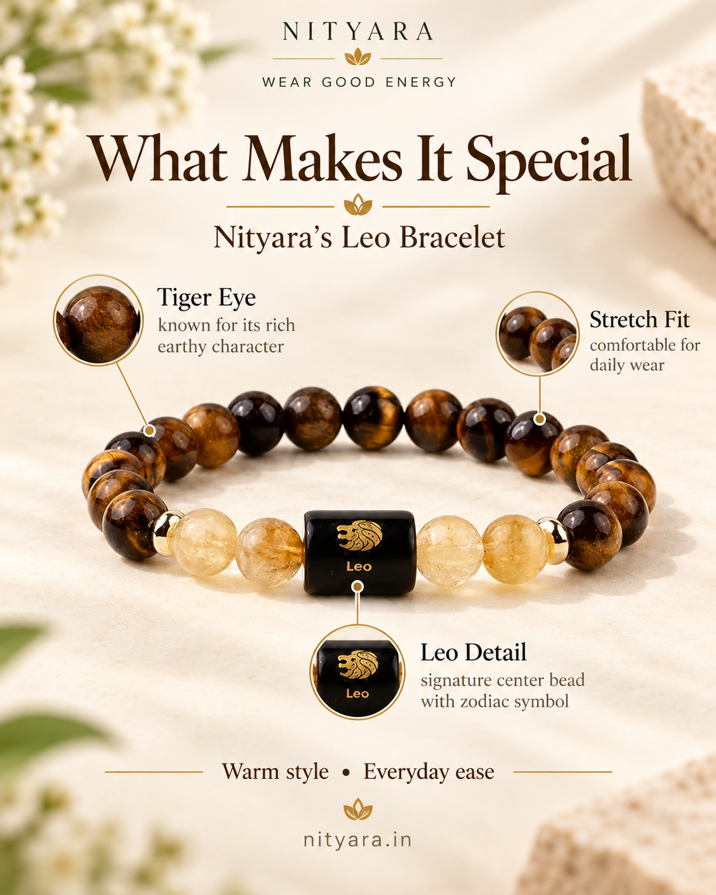 Leo zodiac bracelet — polished round bead detail
