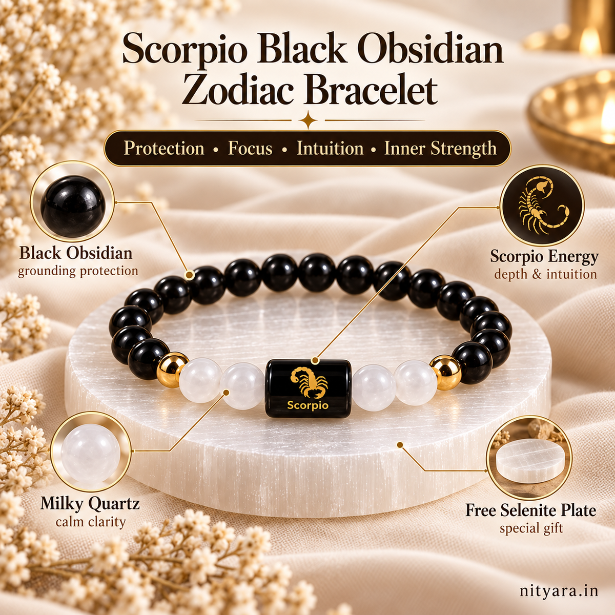Scorpio (वृश्चिक राशि) Black Obsidian & Milky Quartz Band