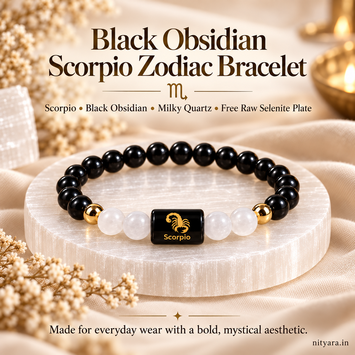 Scorpio (वृश्चिक राशि) Black Obsidian & Milky Quartz Band