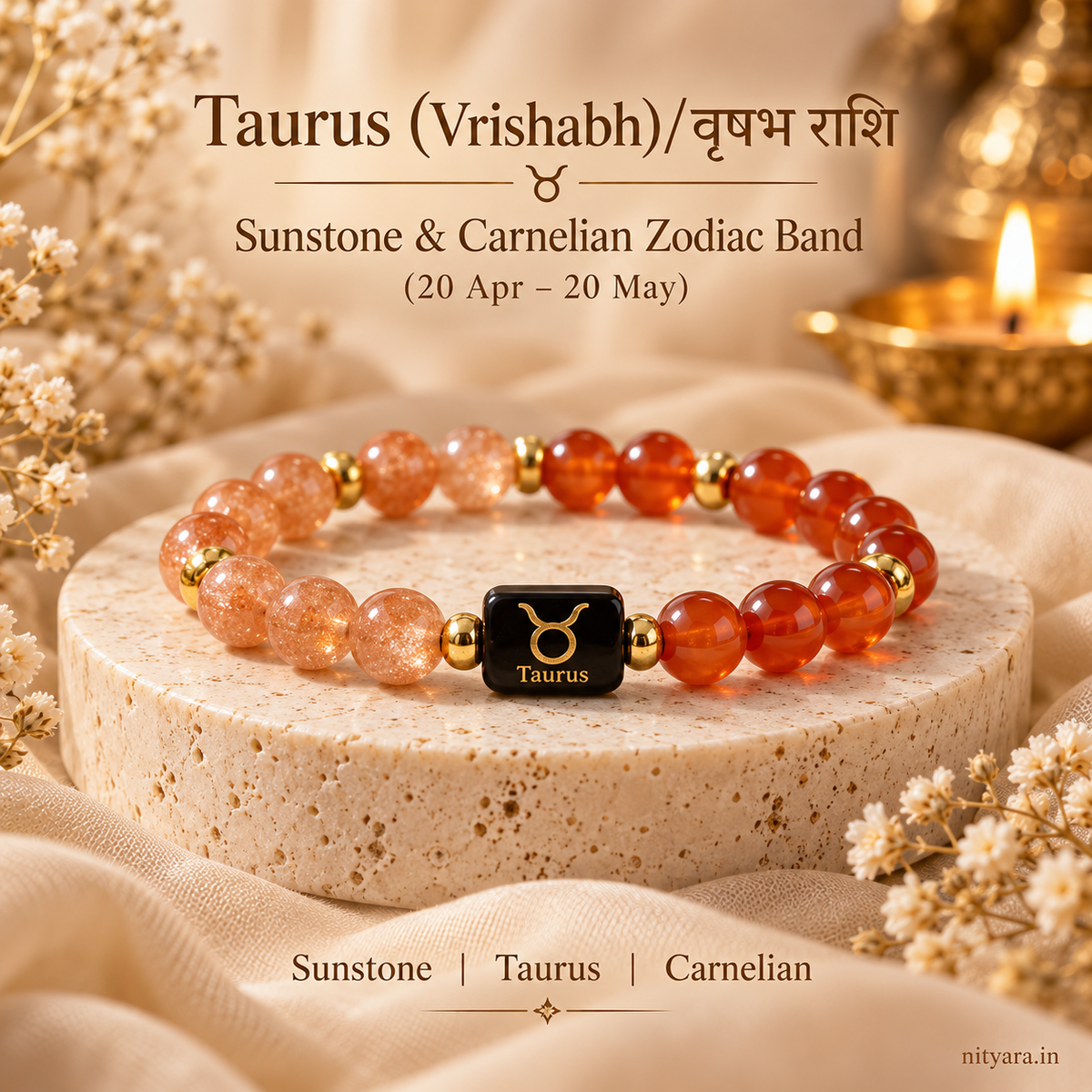 Taurus (वृषभ राशि) Sunstone & Carnelian Zodiac Band