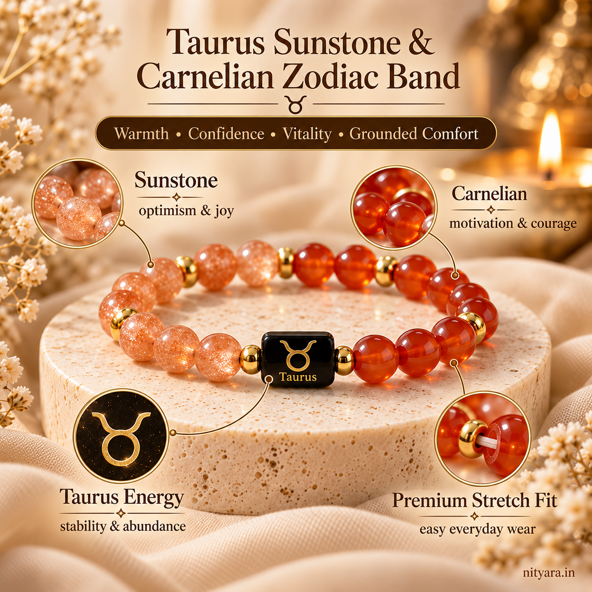 Taurus (वृषभ राशि) Sunstone & Carnelian Zodiac Band