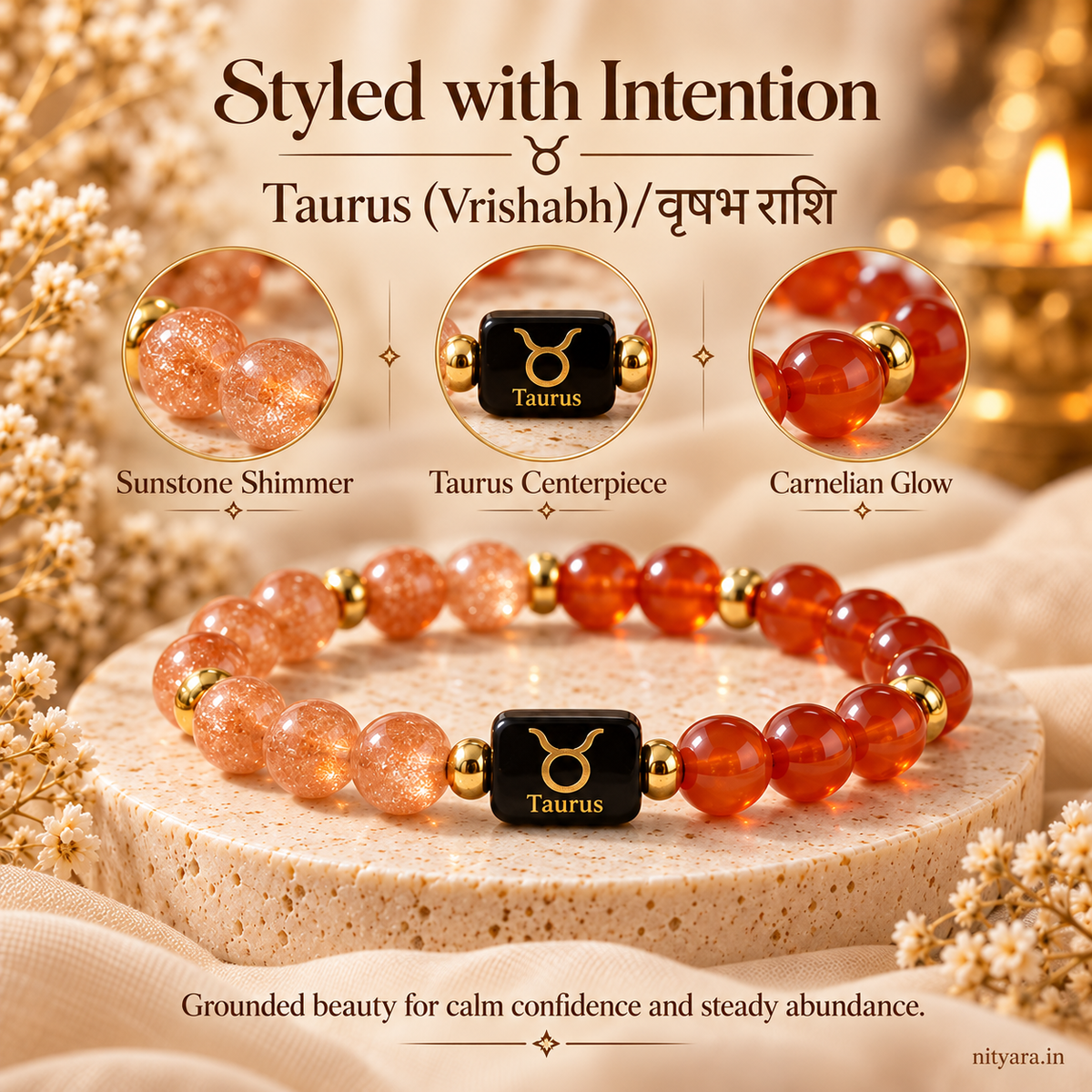 Taurus (वृषभ राशि) Sunstone & Carnelian Zodiac Band