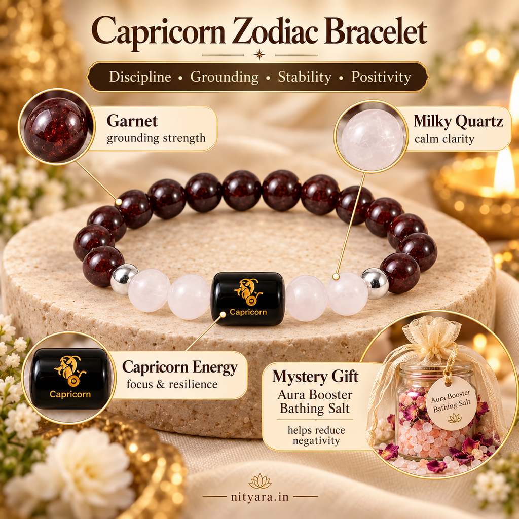 Capricorn (मकर राशि) Zodiac Garnet & Milky Quartz Bracelet
