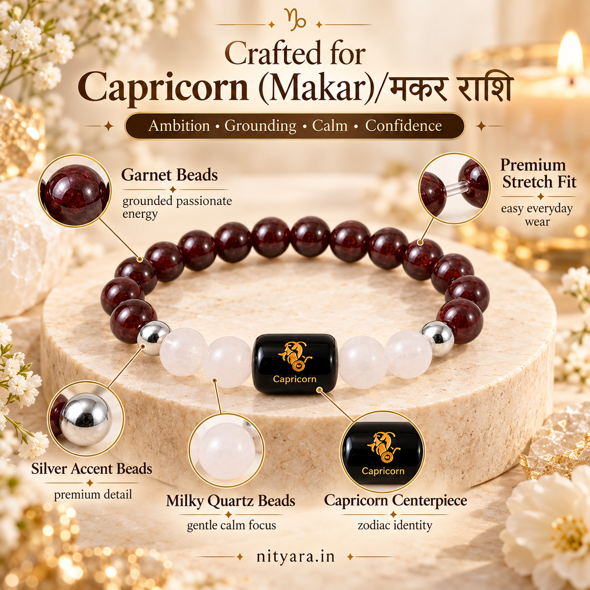 Capricorn (मकर राशि) Zodiac Garnet & Milky Quartz Bracelet