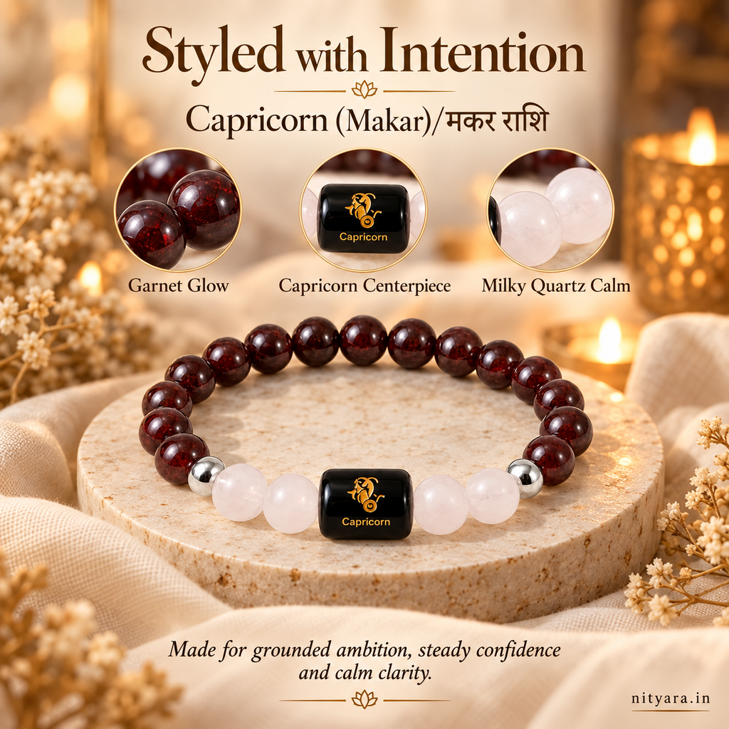 Capricorn (मकर राशि) Zodiac Garnet & Milky Quartz Bracelet