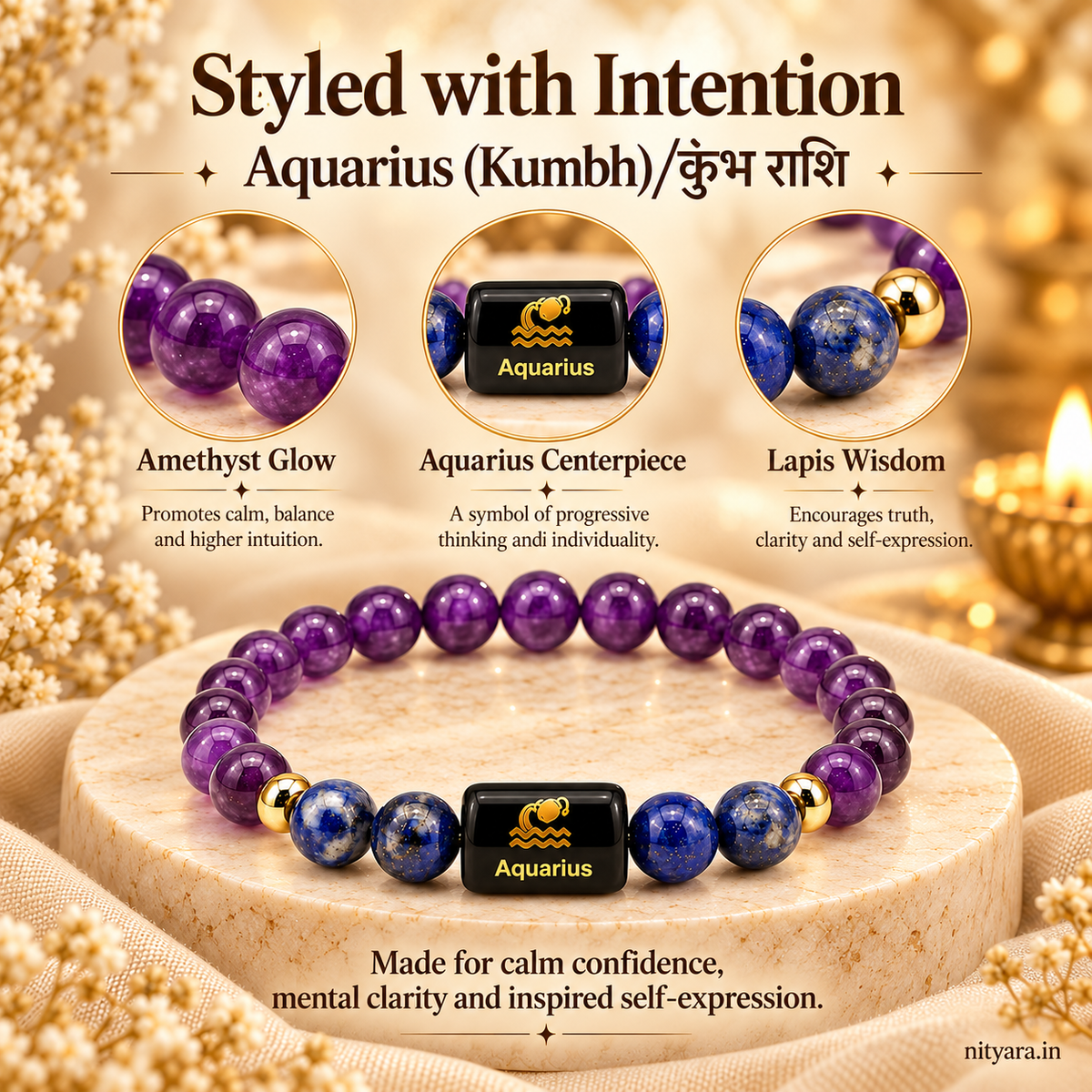 Aquarius (कुंभ राशि) Zodiac Amethyst & Lapis Lazuli Bracelet