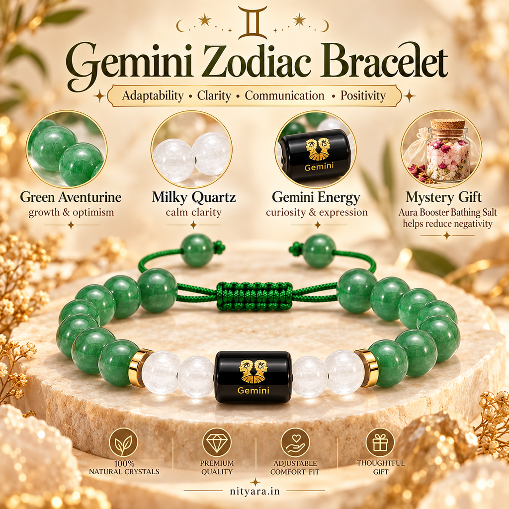 Gemini (मिथुन राशि) Zodiac Green Aventurine & Milky Quartz Bracelet