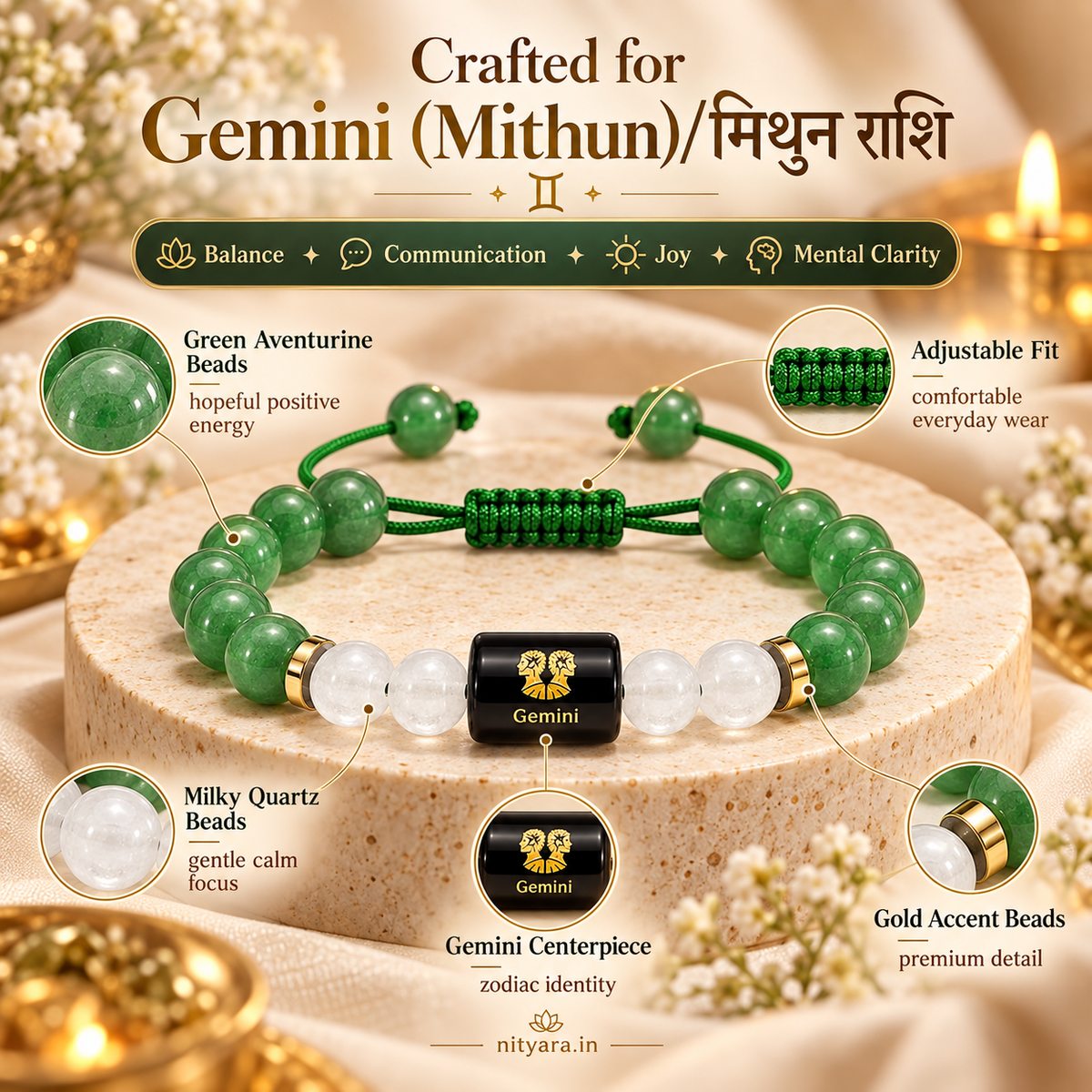 Gemini (मिथुन राशि) Zodiac Green Aventurine & Milky Quartz Bracelet