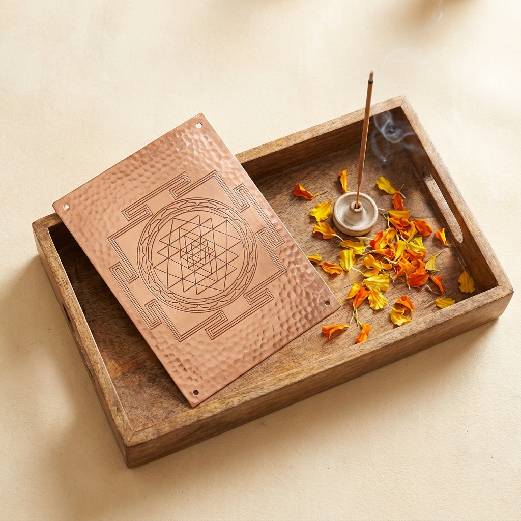 Copper Shree Yantra wall plate styled flat-lay