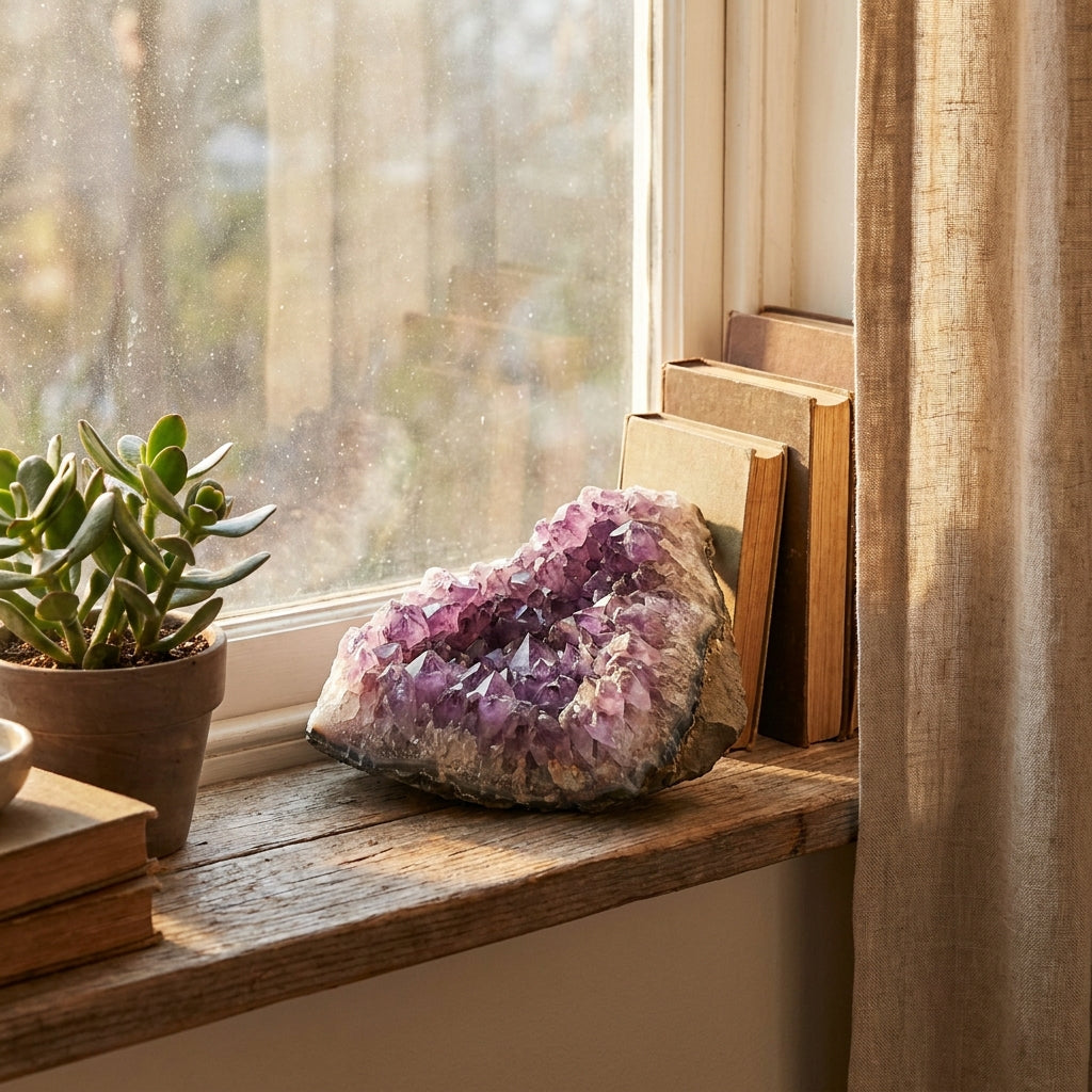 Amethyst cluster on windowsill