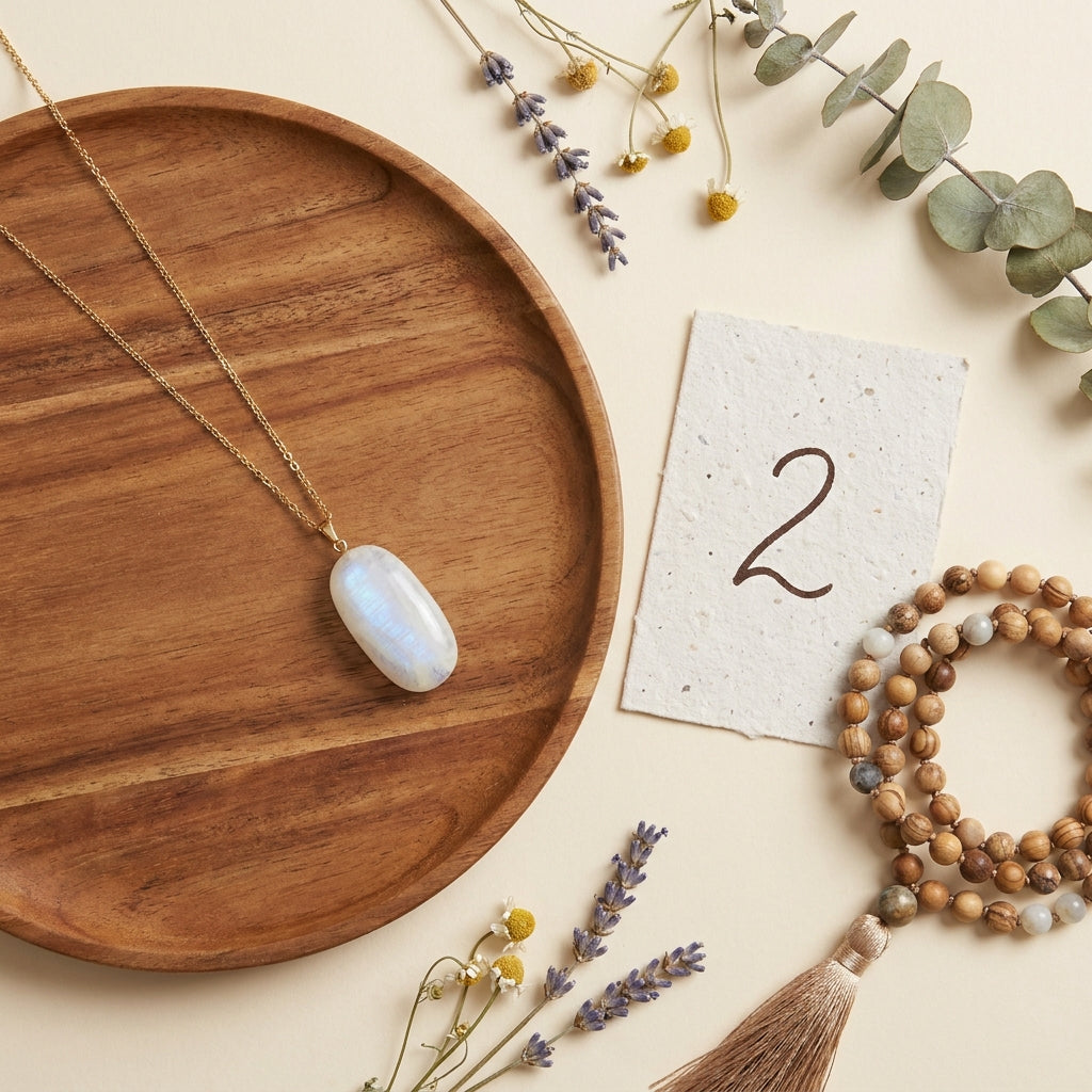 Number 2 Moon Numerology Pendant - styled flat lay