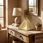 Energized brass Shree Yantra pyramid on entrance table
