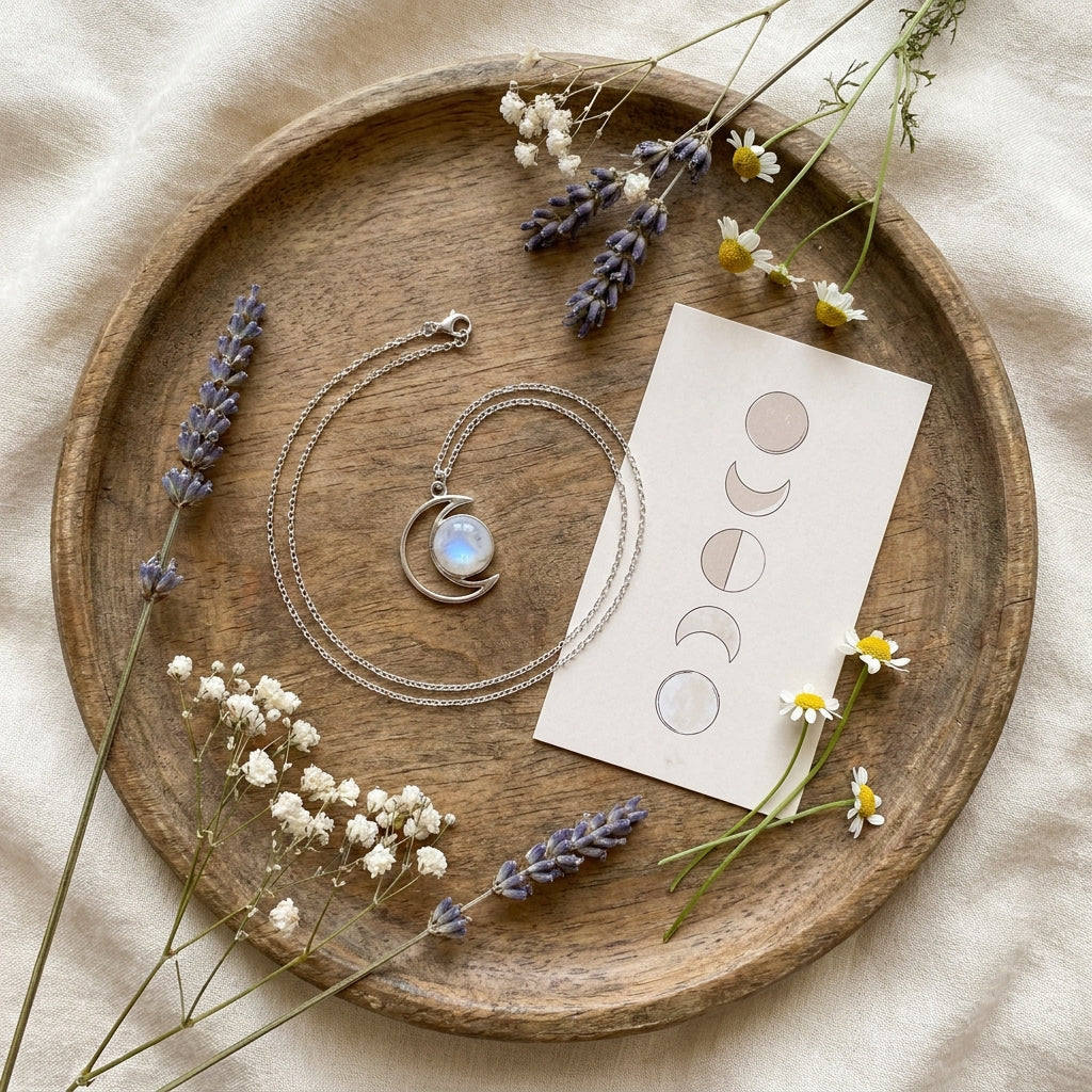 Cancer Moon Zodiac Pendant styled flat-lay with astrology props