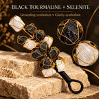 Close-up of raw Black Tourmaline, Selenite and gold wire in the Nazar Battu