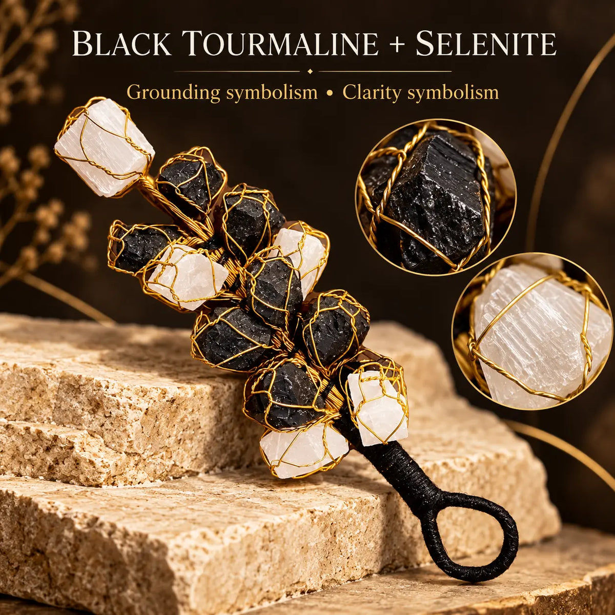 Close-up of raw Black Tourmaline, Selenite and gold wire in the Nazar Battu