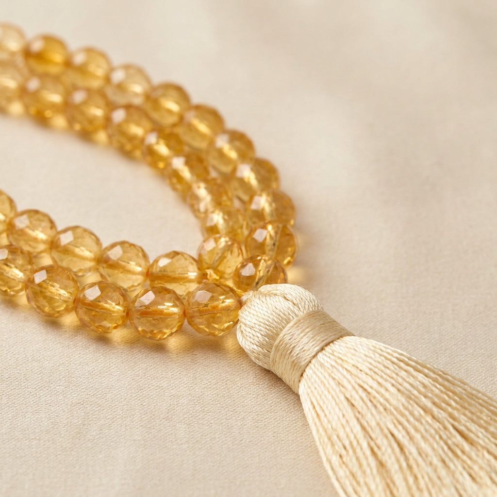 Pisces Jupiter Zodiac Mala - macro detail of citrine beads