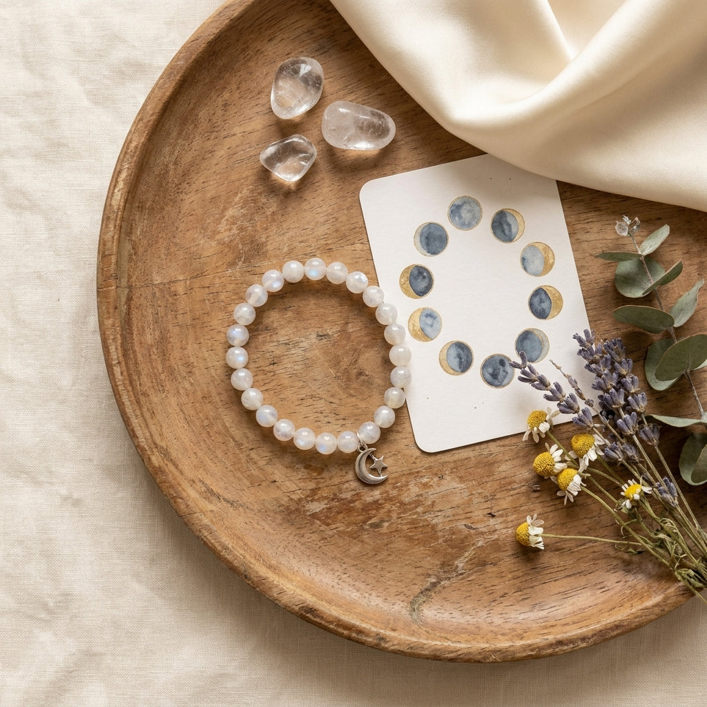Cancer Moon Zodiac Bracelet styled flat-lay with astrology props