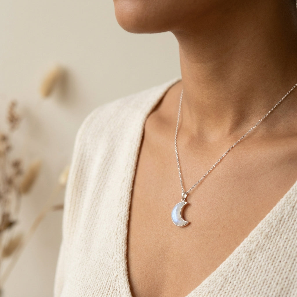 Cancer Moon Zodiac Pendant worn around neck