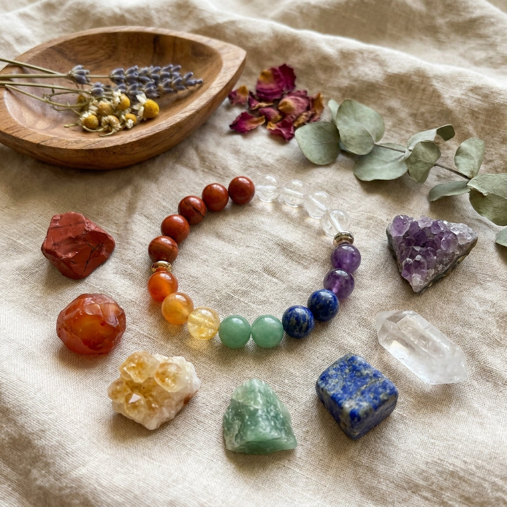 7-Chakra Multi-Stone Healing Bracelet - styled flat lay