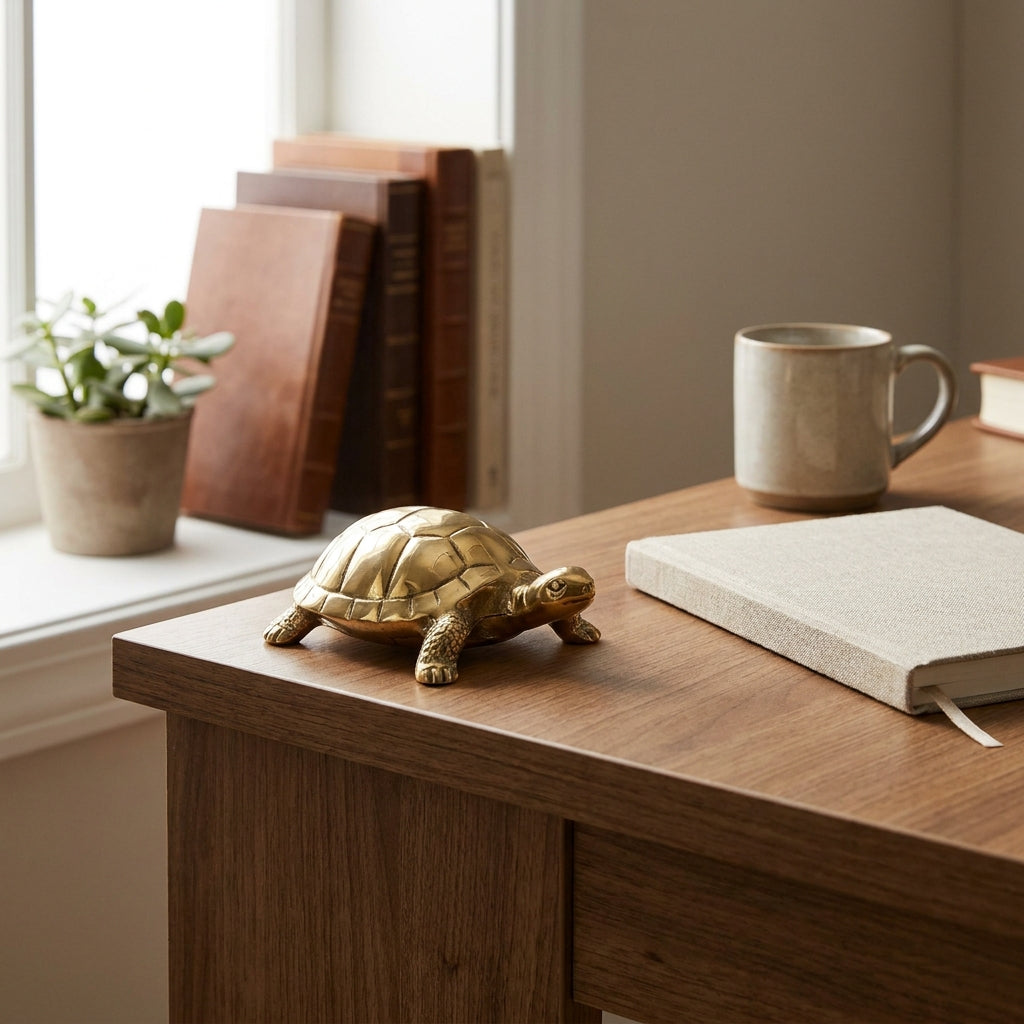 Brass tortoise on office desk