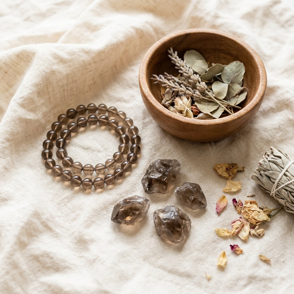 Smoky Quartz Stress Relief Bracelet - styled flat lay