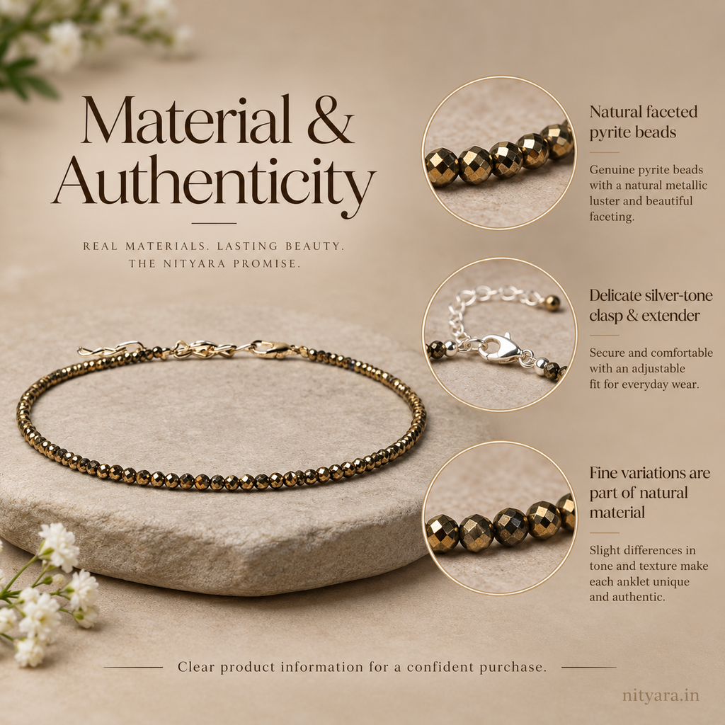 Dhanashree Natural Pyrite Anklet material and authenticity details