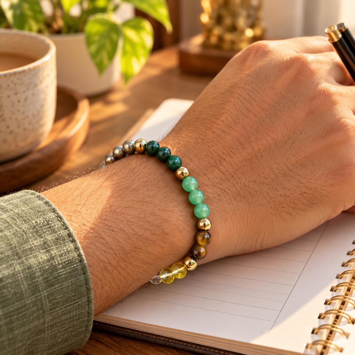 Dhanyog multi-stone bracelet worn during a focused morning planning ritual