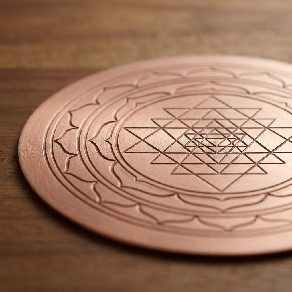 Copper Shree Yantra wall plate, detail texture