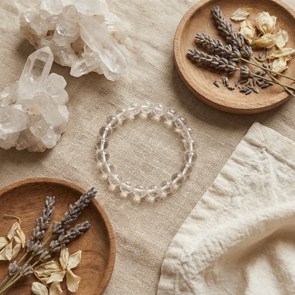 Clear Quartz Master Healer Bracelet - styled flat lay