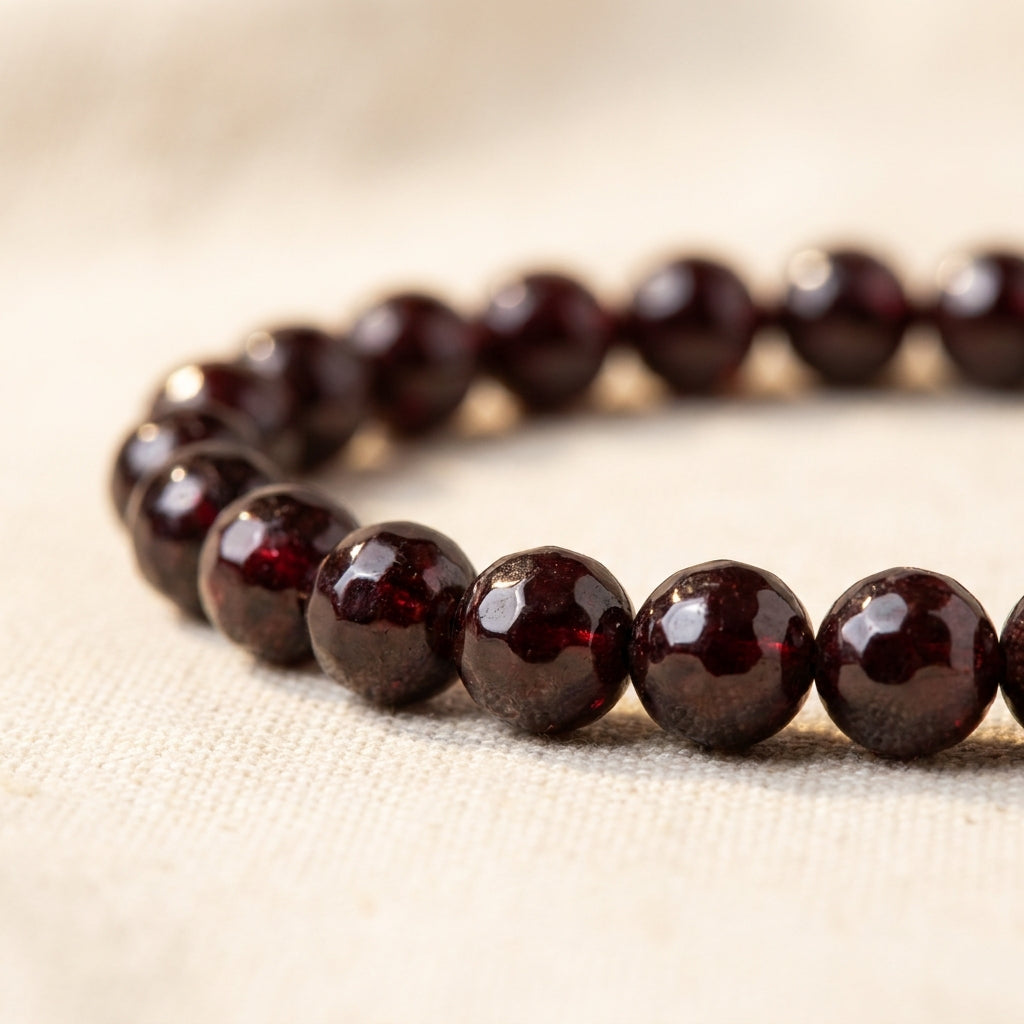 Leo Sun Zodiac Bracelet - macro detail of garnet beads