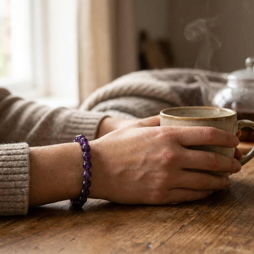 Number 8 Saturn Numerology Bracelet Amethyst - worn on wrist