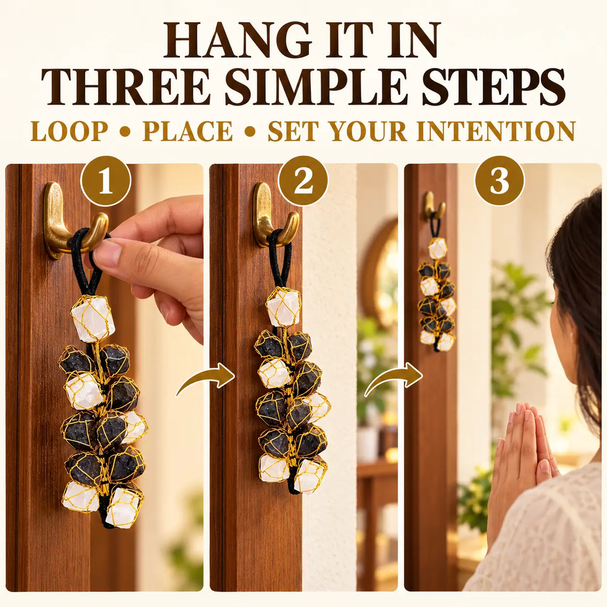 Three simple steps to hang the Black Tourmaline and Selenite Nazar Battu