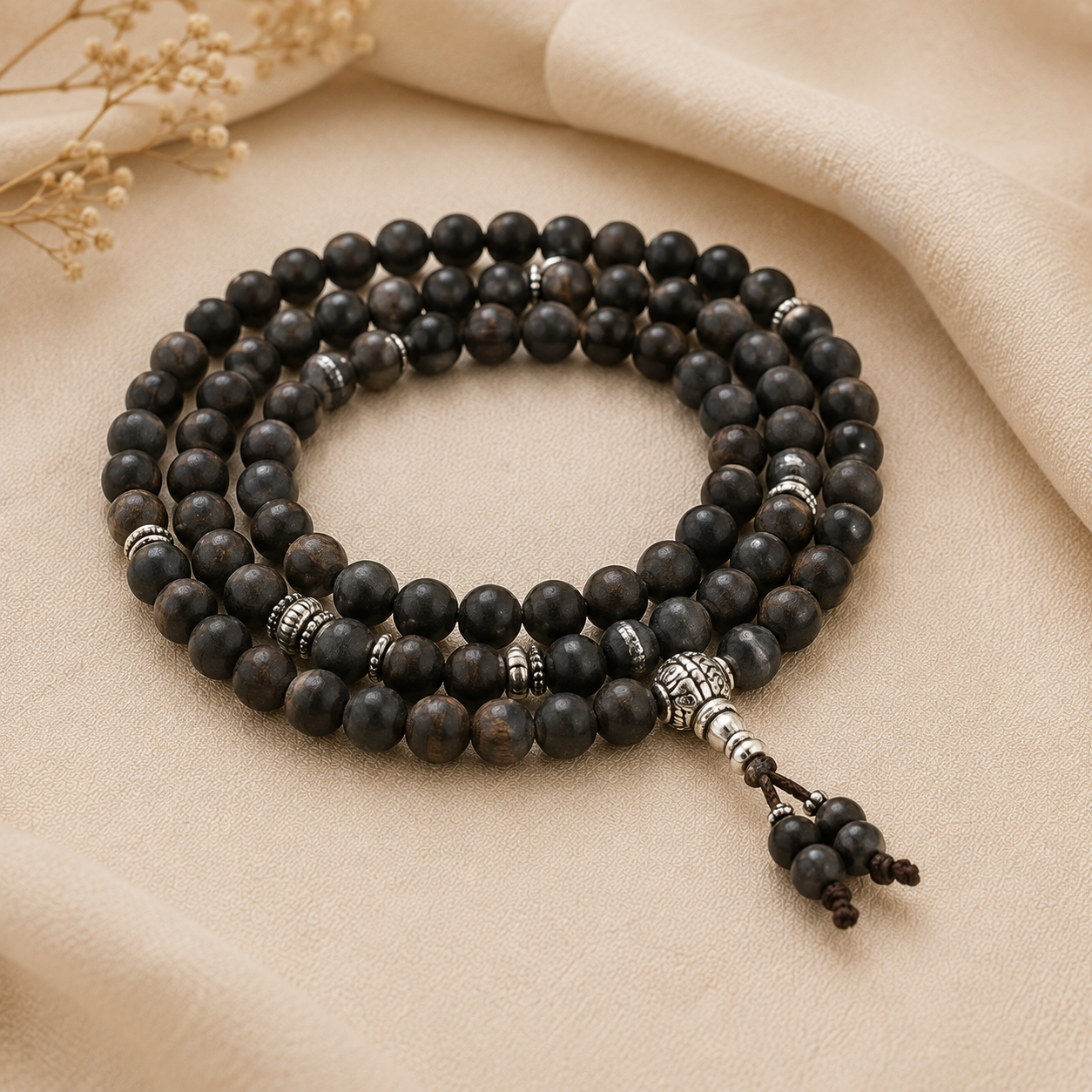 Silver Plated Eternal Karungali Mala (Ebony Wood)