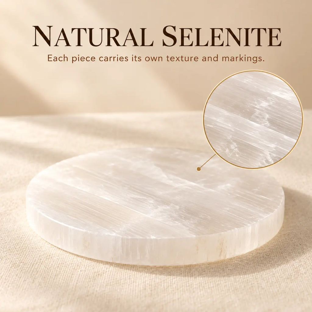 Close-up of the natural fibrous texture and markings of a round Selenite plate
