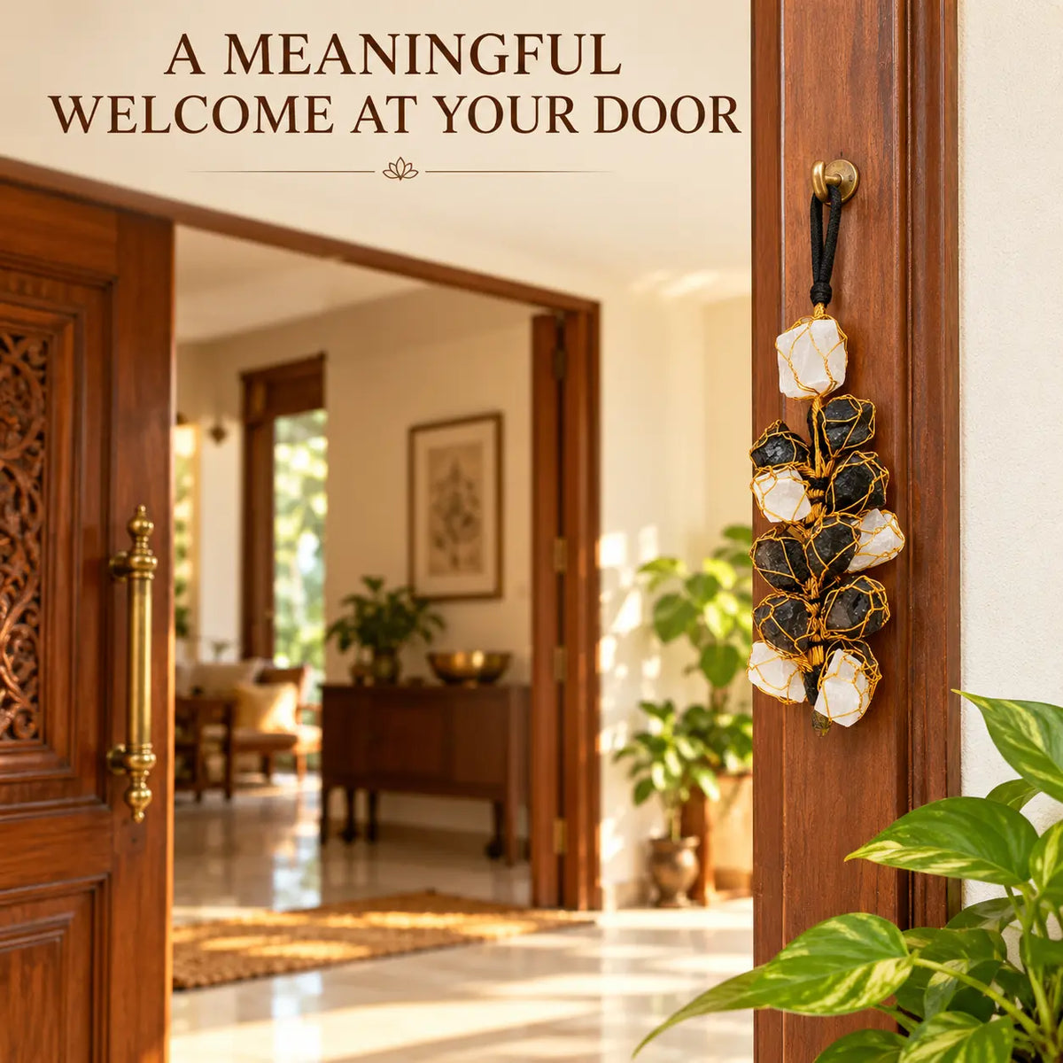 Black Tourmaline and Selenite Nazar Battu hanging at an Indian home entrance