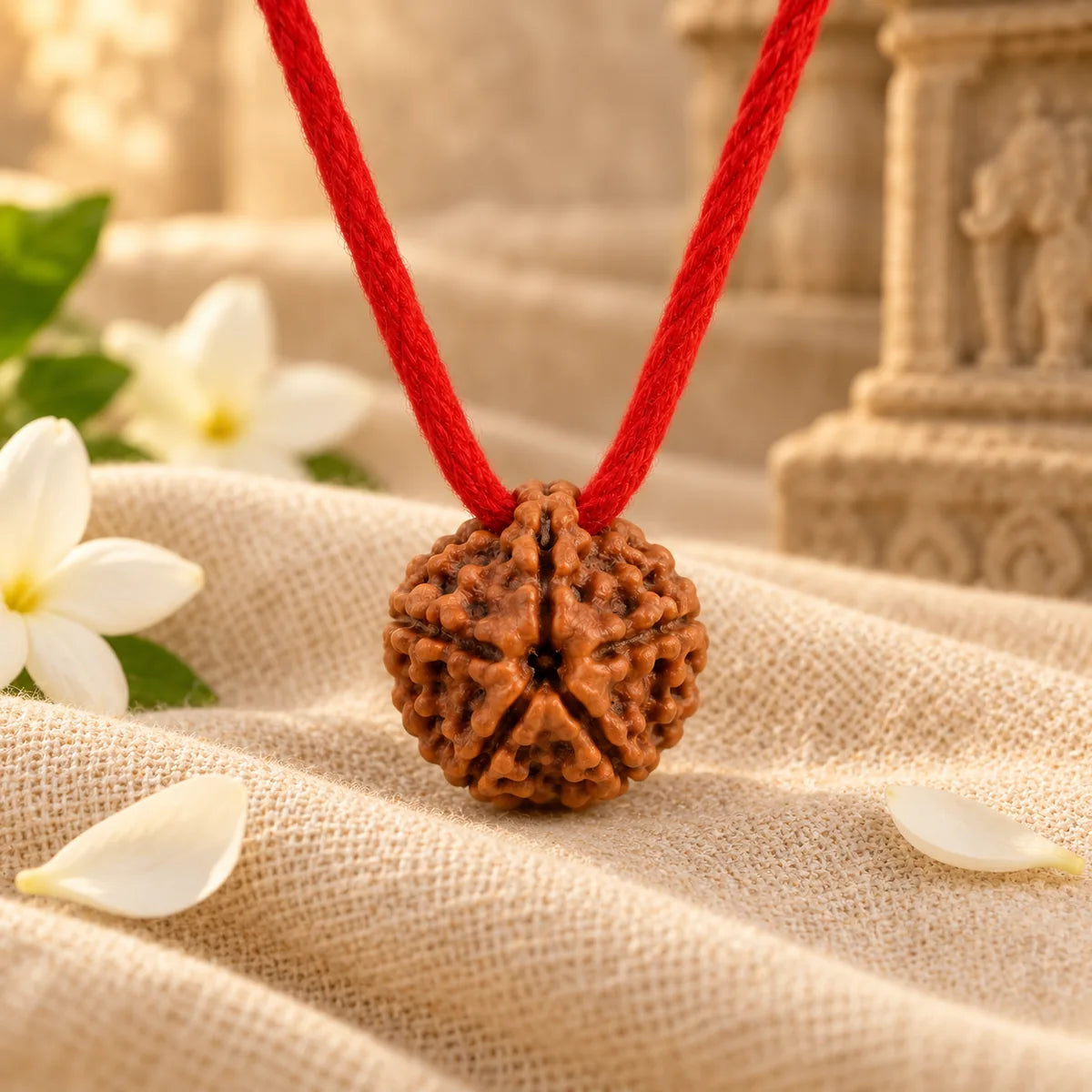 5 Mukhi Rudraksha Thread Pendant styled with natural linen and jasmine