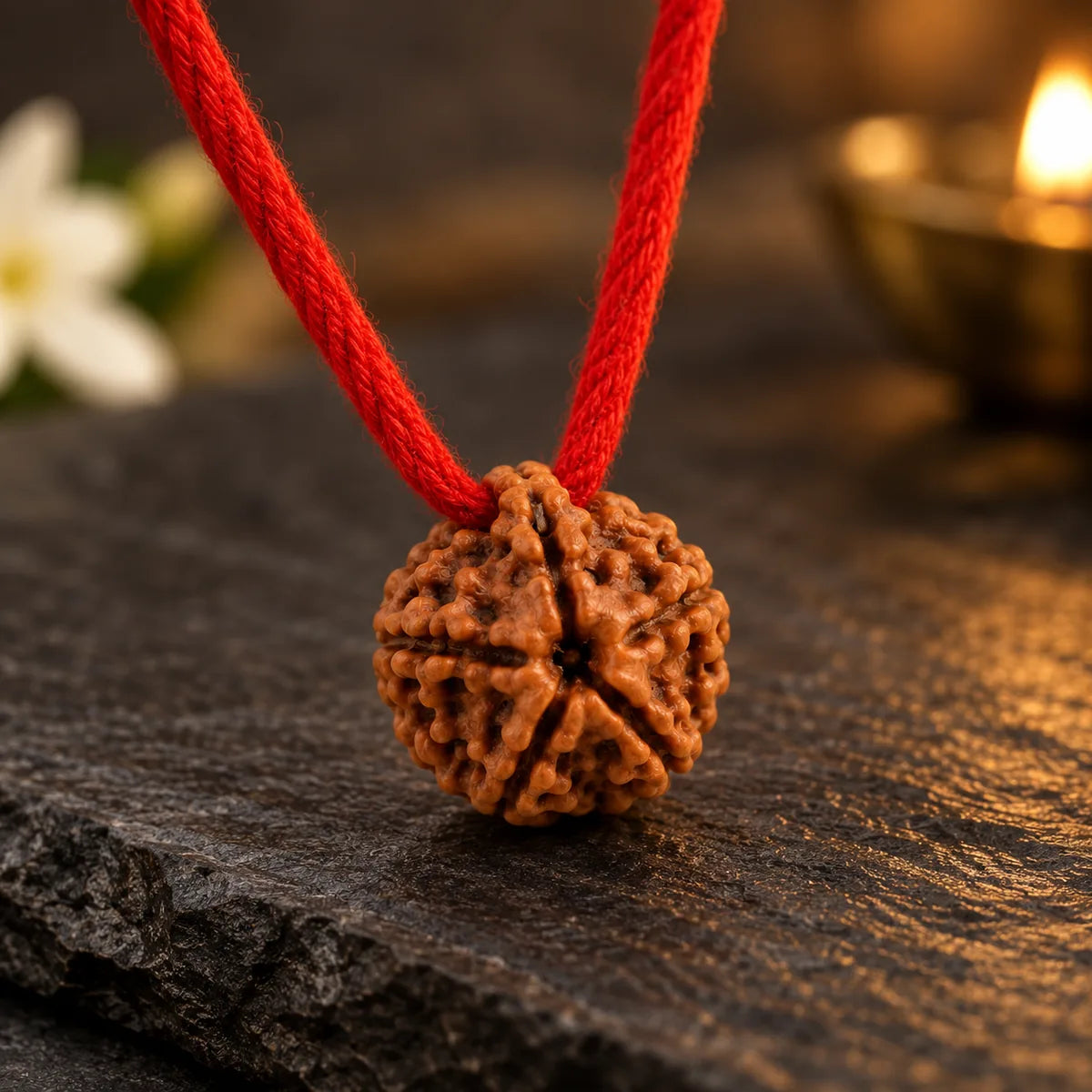 5 Mukhi Rudraksha Thread Pendant macro detail showing natural grooves