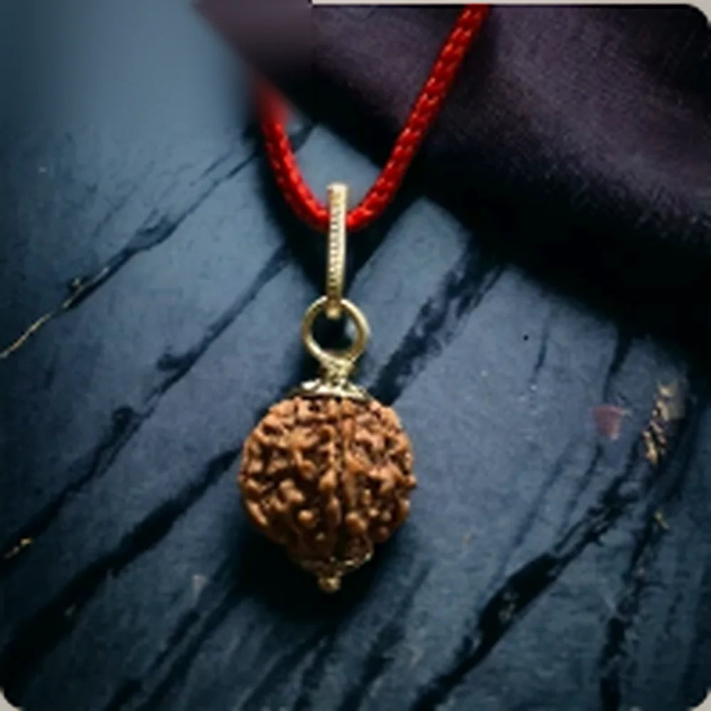 5 Mukhi Rudraksha Silver Cap Pendant editorial view preserving the original red thread and silver cap design