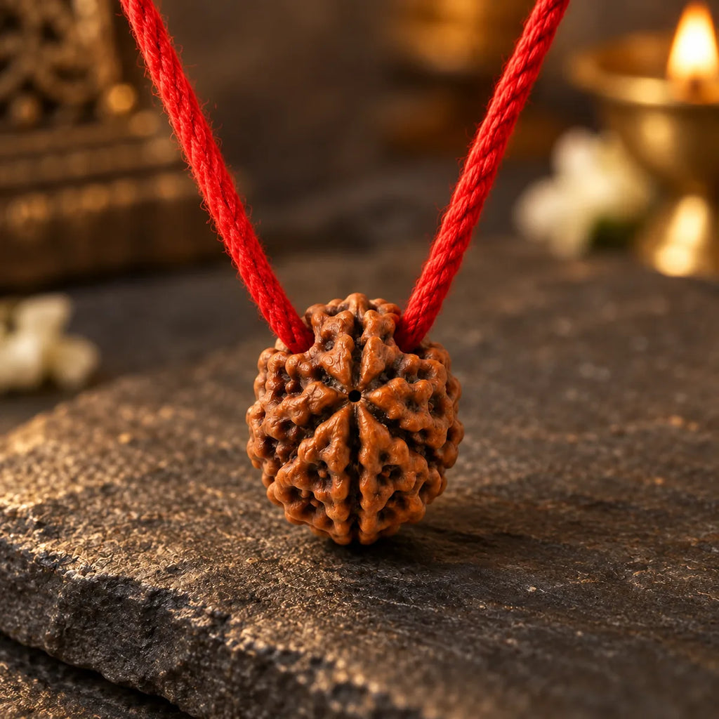 7 Mukhi Rudraksha Thread Pendant macro detail showing seven natural grooves
